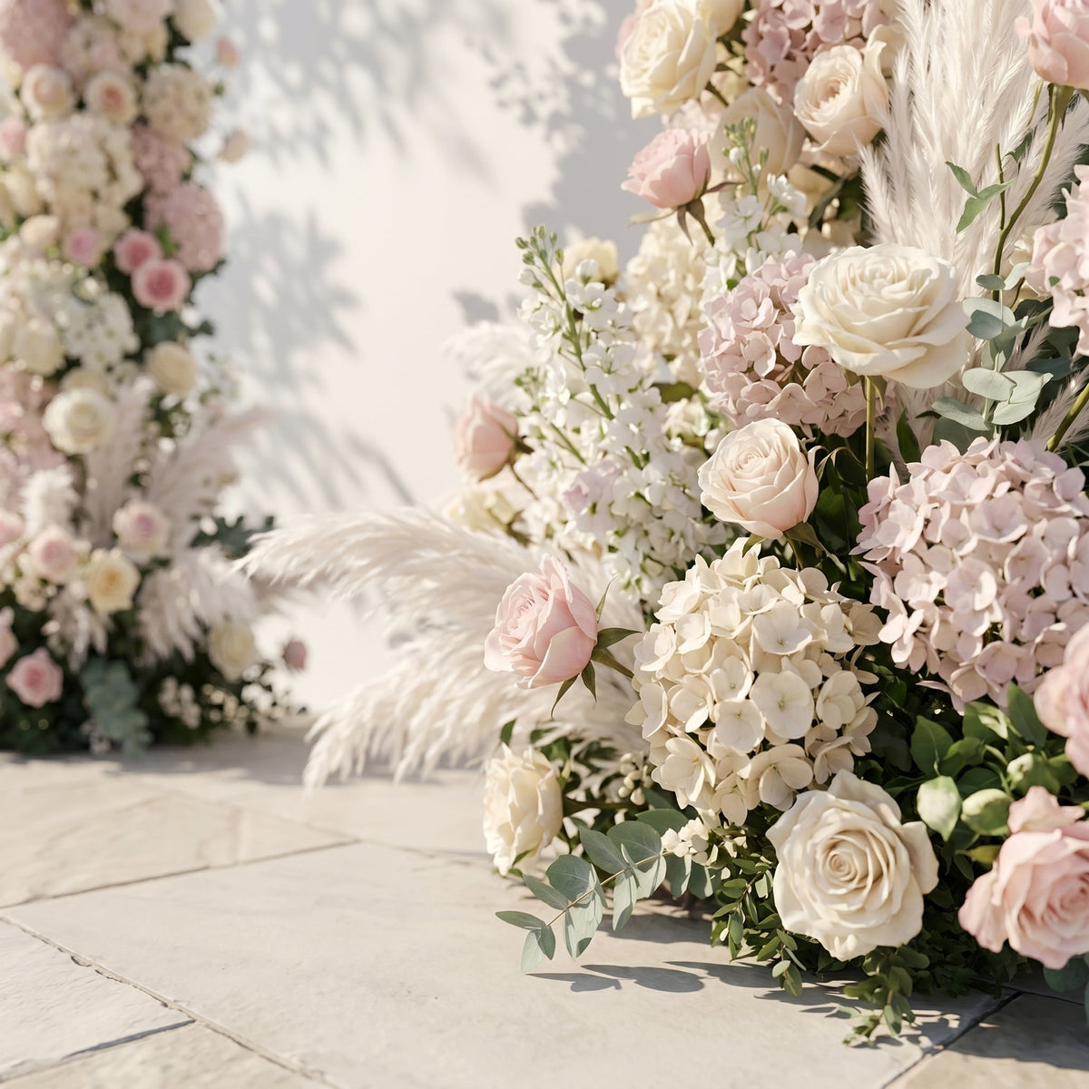 Morlora: Luxury Cream Ivory White, Soft Blush Pink Silk Floral Ground Horn Arch Arrangement with Soft Pampas Grass & Lush Cascading Eucalyptus Greenery for Romantic Minimalist Weddings & Garden Event Decor Including Frame