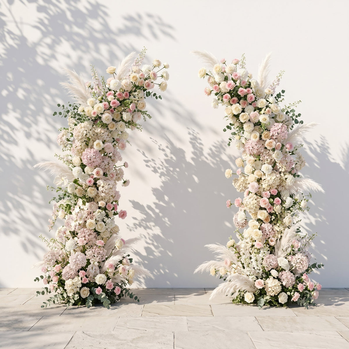 Morlora: Luxury Cream Ivory White, Soft Blush Pink Silk Floral Ground Horn Arch Arrangement with Soft Pampas Grass & Lush Cascading Eucalyptus Greenery for Romantic Minimalist Weddings & Garden Event Decor Including Frame