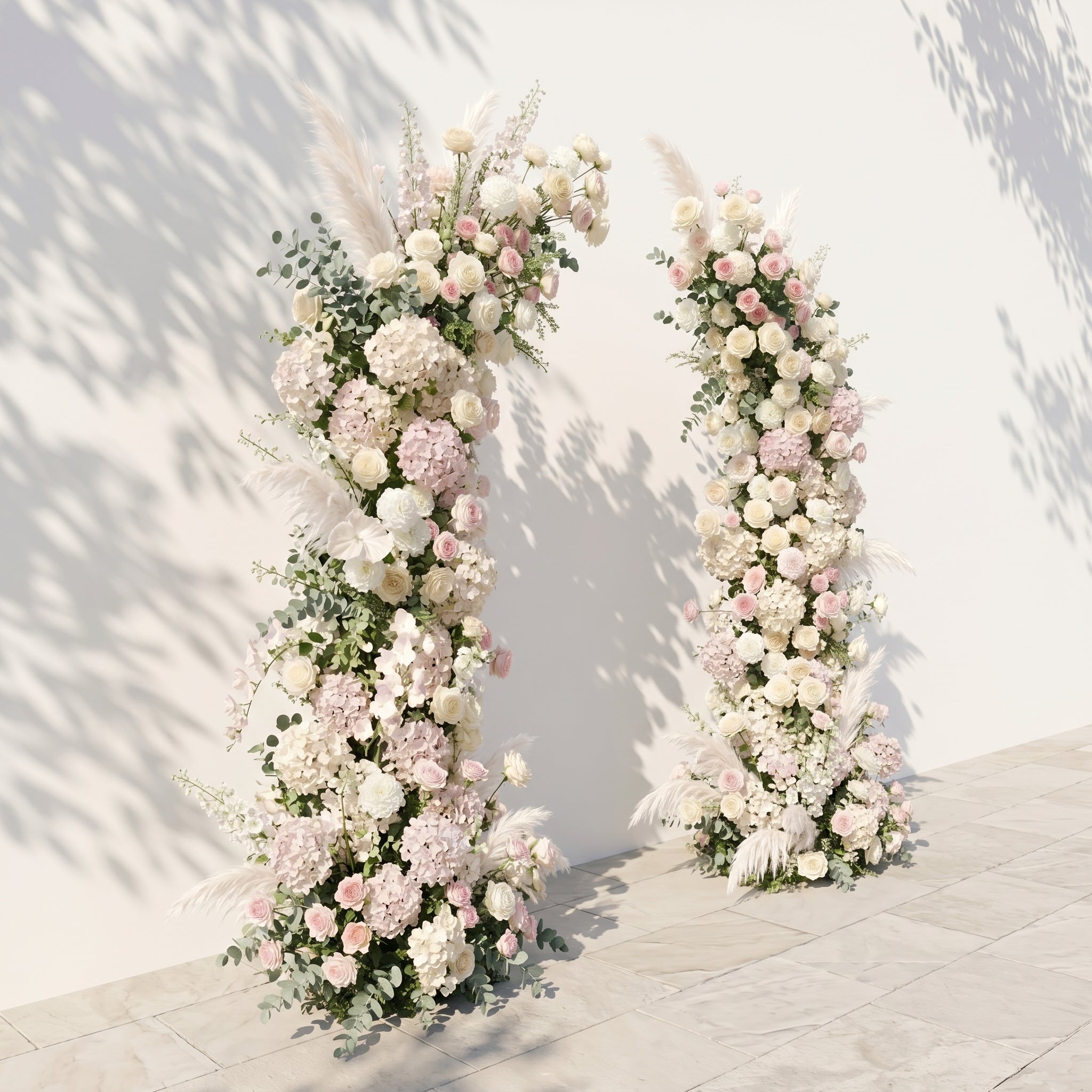 Morlora: Luxury Cream Ivory White, Soft Blush Pink Silk Floral Ground Horn Arch Arrangement with Soft Pampas Grass & Lush Cascading Eucalyptus Greenery for Romantic Minimalist Weddings & Garden Event Decor Including Frame
