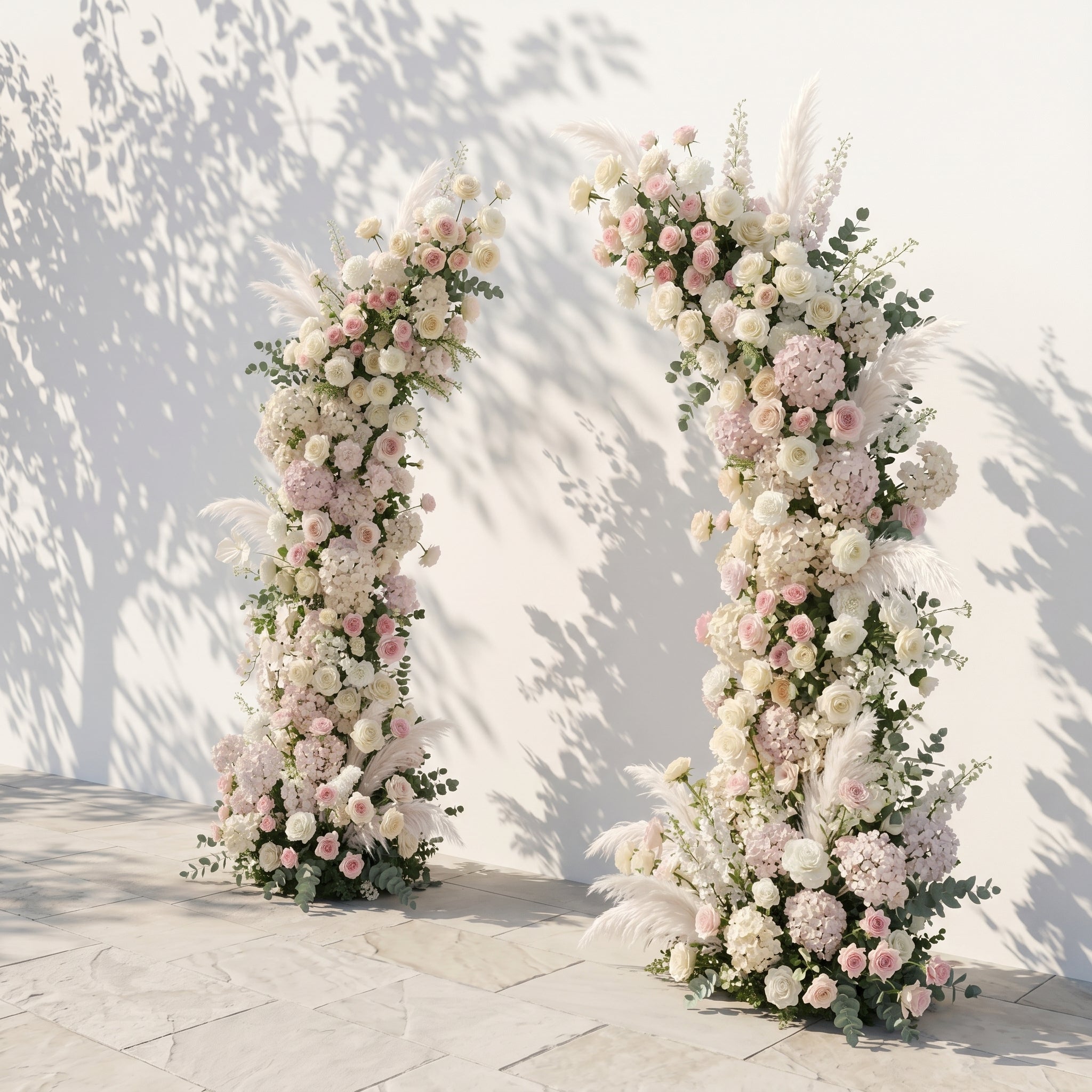 Morlora: Luxury Cream Ivory White, Soft Blush Pink Silk Floral Ground Horn Arch Arrangement with Soft Pampas Grass & Lush Cascading Eucalyptus Greenery for Romantic Minimalist Weddings & Garden Event Decor Including Frame
