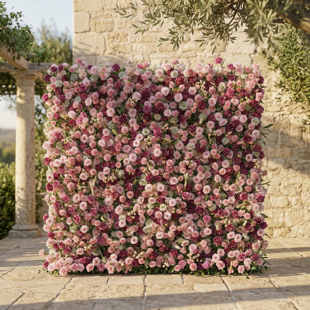 Nirex: 5D Berry & Pink Silk Rose Flower Wall Roll-Up Fabric Backdrop for Luxury Event Decor Free Shipping