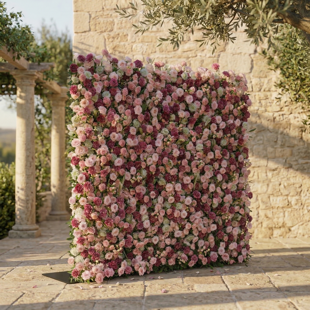 Nirex: 5D Berry & Pink Silk Rose Flower Wall Roll-Up Fabric Backdrop for Luxury Event Decor Free Shipping