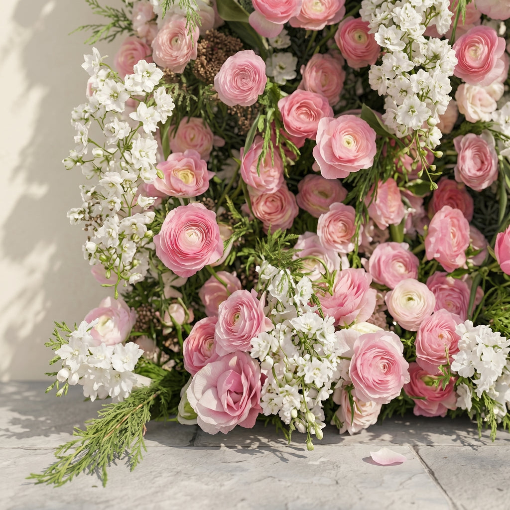 Norenina:5D Soft Blush Pink & Ivory White Silk Rose Flower Wall Roll-Up Fabric Backdrop for Romantic Weddings & Proposals Free Shipping
