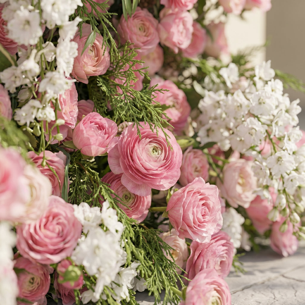Norenina:5D Soft Blush Pink & Ivory White Silk Rose Flower Wall Roll-Up Fabric Backdrop for Romantic Weddings & Proposals Free Shipping