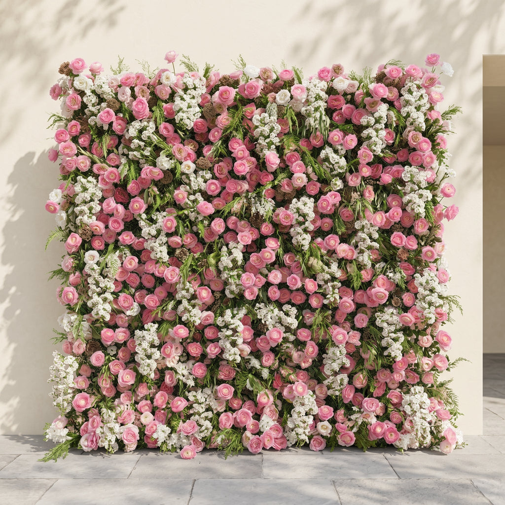 Norenina:5D Soft Blush Pink & Ivory White Silk Rose Flower Wall Roll-Up Fabric Backdrop for Romantic Weddings & Proposals Free Shipping