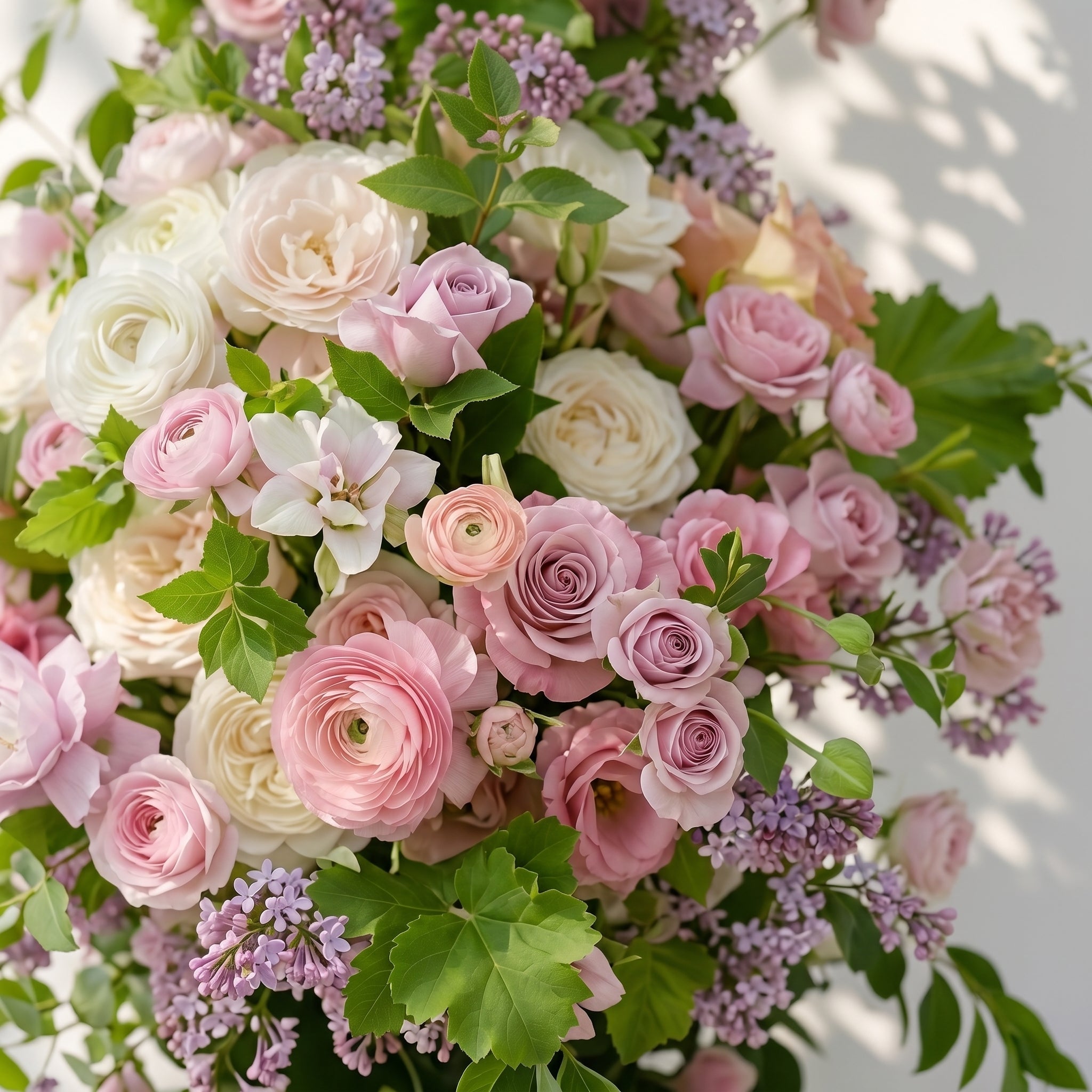Norenviane: Luxury Lilac Purple, Ivory White & Blush Pink Silk Floral Ground Horn Arch Arrangement with Soft Sorelia & Lush Cascading Greenery for Romantic Minimalist Weddings & Garden Event Decor Including Frame