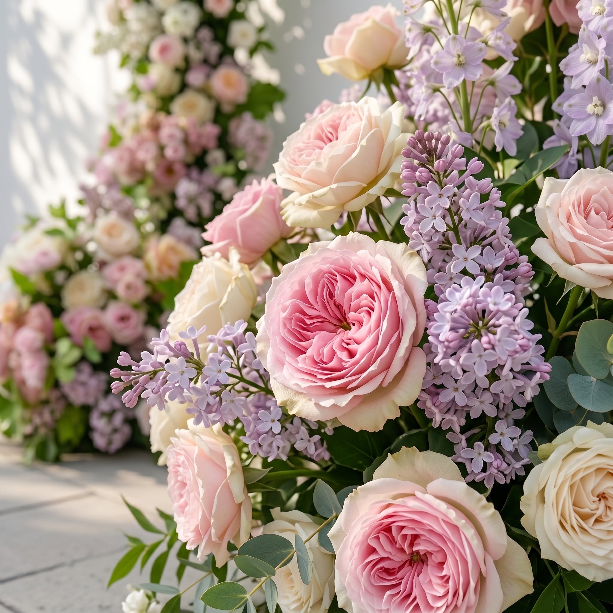 Norenviane: Luxury Lilac Purple, Ivory White & Blush Pink Silk Floral Ground Horn Arch Arrangement with Soft Sorelia & Lush Cascading Greenery for Romantic Minimalist Weddings & Garden Event Decor Including Frame