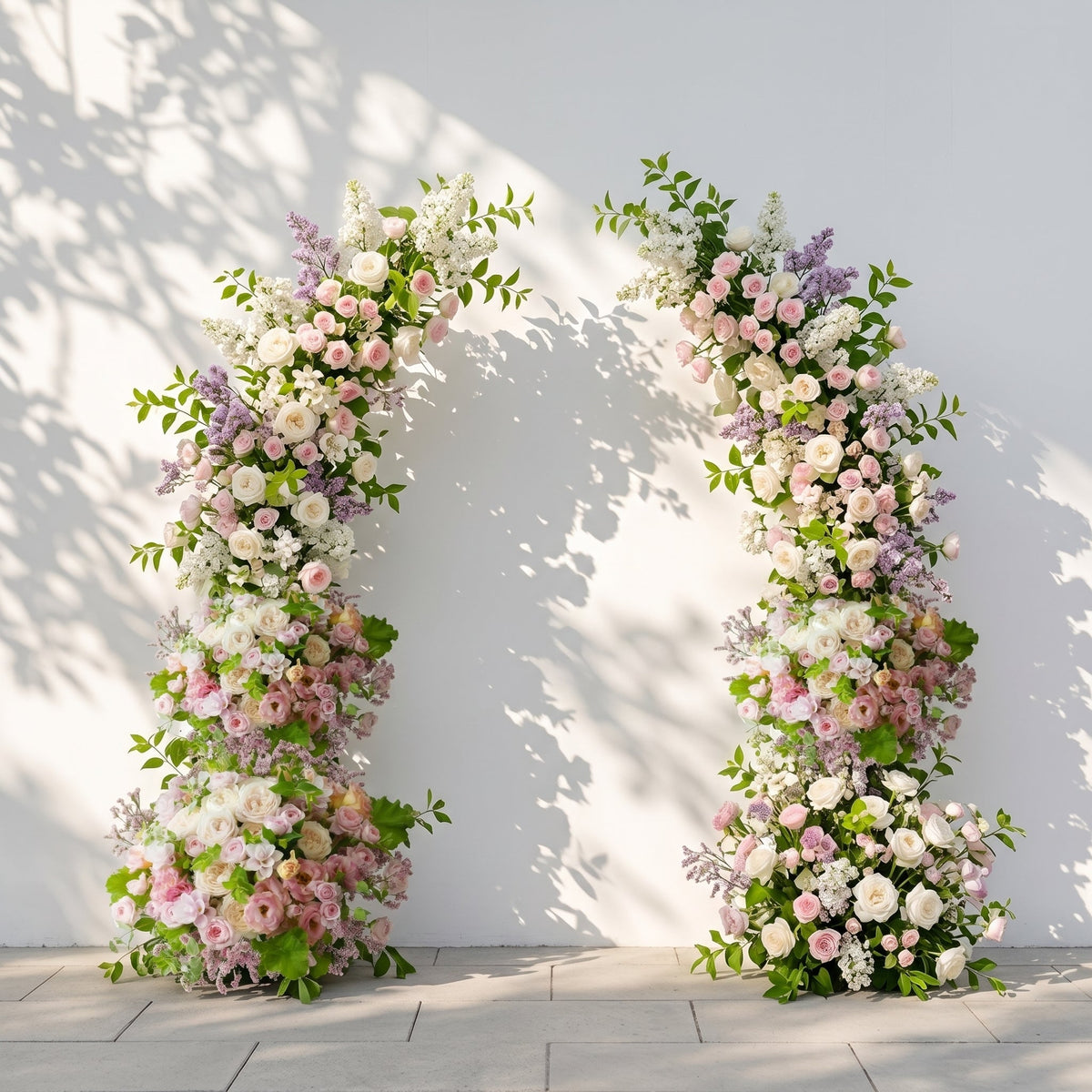 Norenviane: Luxury Lilac Purple, Ivory White & Blush Pink Silk Floral Ground Horn Arch Arrangement with Soft Sorelia & Lush Cascading Greenery for Romantic Minimalist Weddings & Garden Event Decor Including Frame