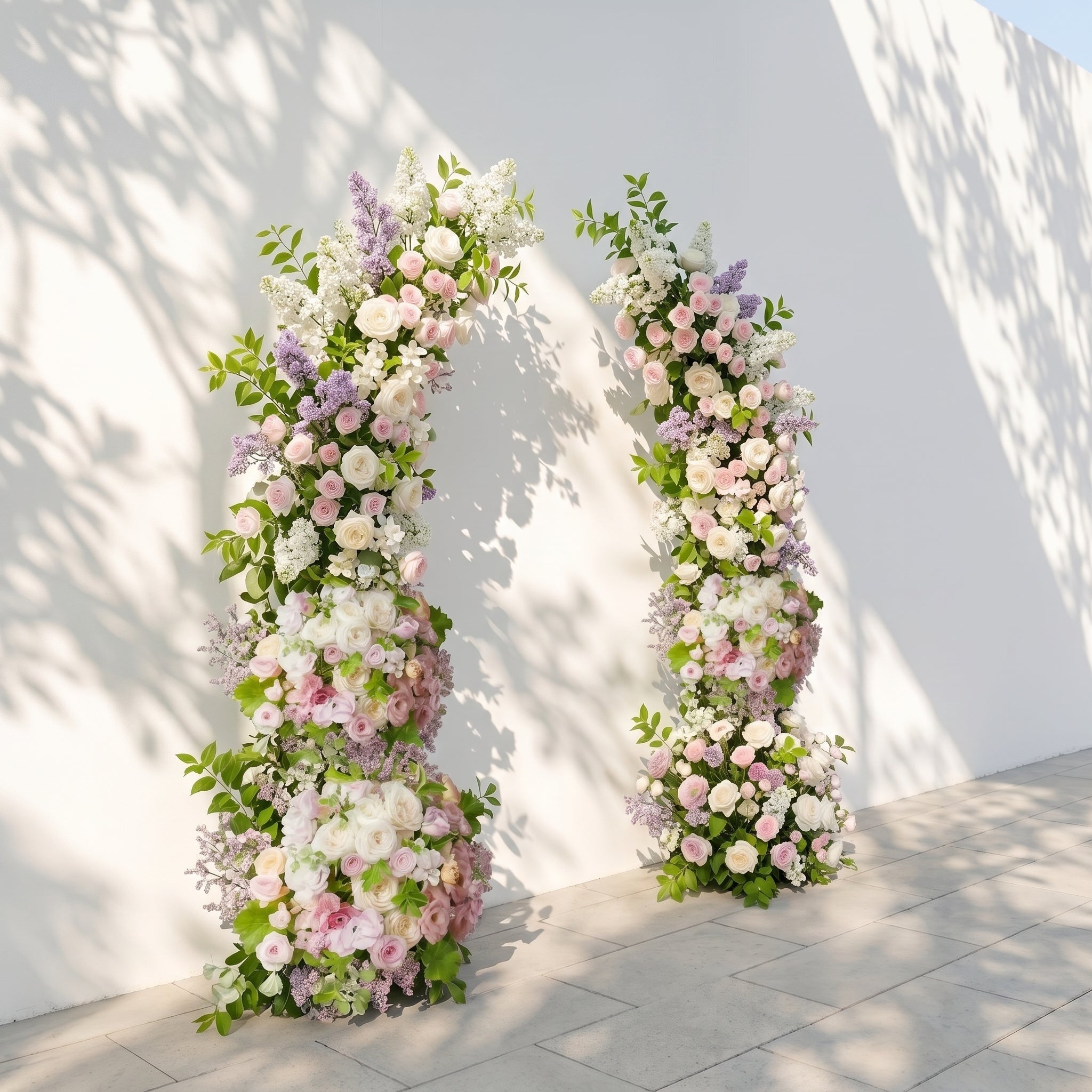 Norenviane: Luxury Lilac Purple, Ivory White & Blush Pink Silk Floral Ground Horn Arch Arrangement with Soft Sorelia & Lush Cascading Greenery for Romantic Minimalist Weddings & Garden Event Decor Including Frame