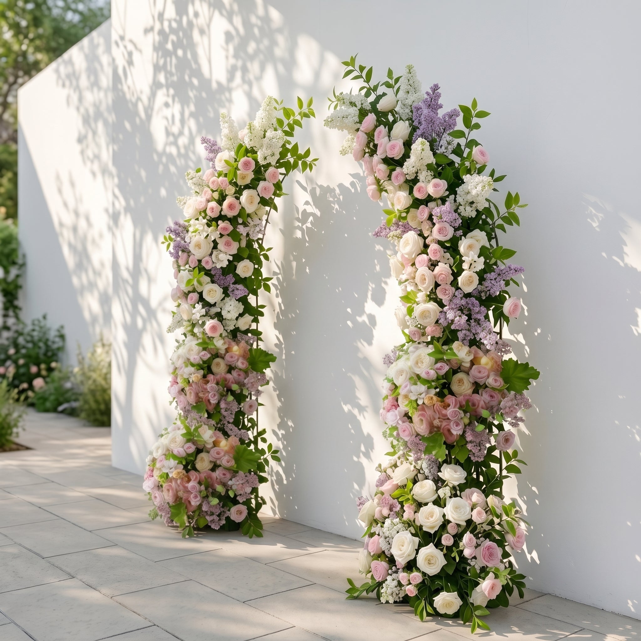 Norenviane: Luxury Lilac Purple, Ivory White & Blush Pink Silk Floral Ground Horn Arch Arrangement with Soft Sorelia & Lush Cascading Greenery for Romantic Minimalist Weddings & Garden Event Decor Including Frame