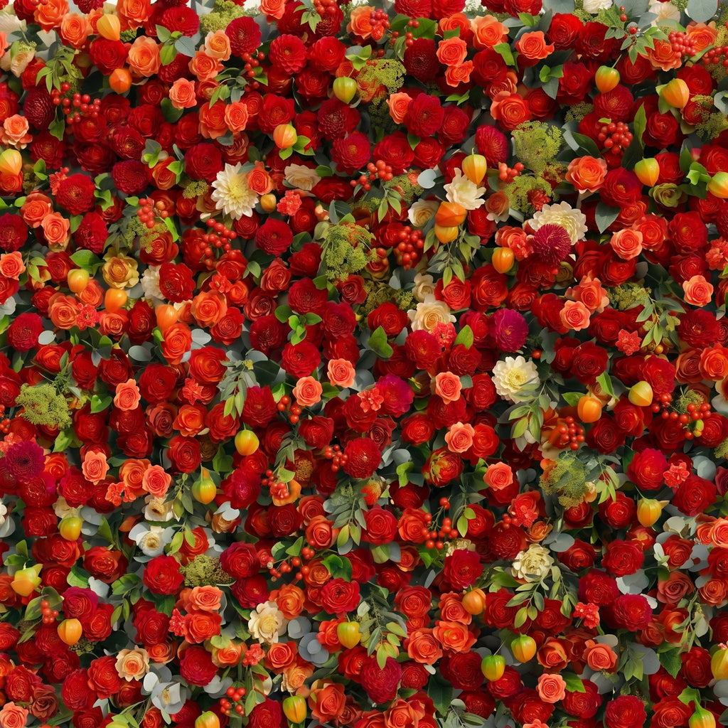 Novara: Luxury 5D Crimson Red & Vibrant Orange Silk Floral Wall Backdrop with Berry Accents for Autumn Weddings Free Shipping