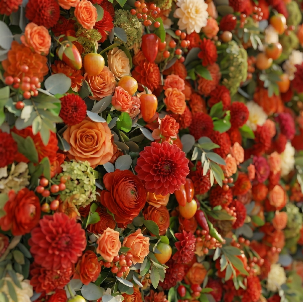 Novara: Luxury 5D Crimson Red & Vibrant Orange Silk Floral Wall Backdrop with Berry Accents for Autumn Weddings Free Shipping