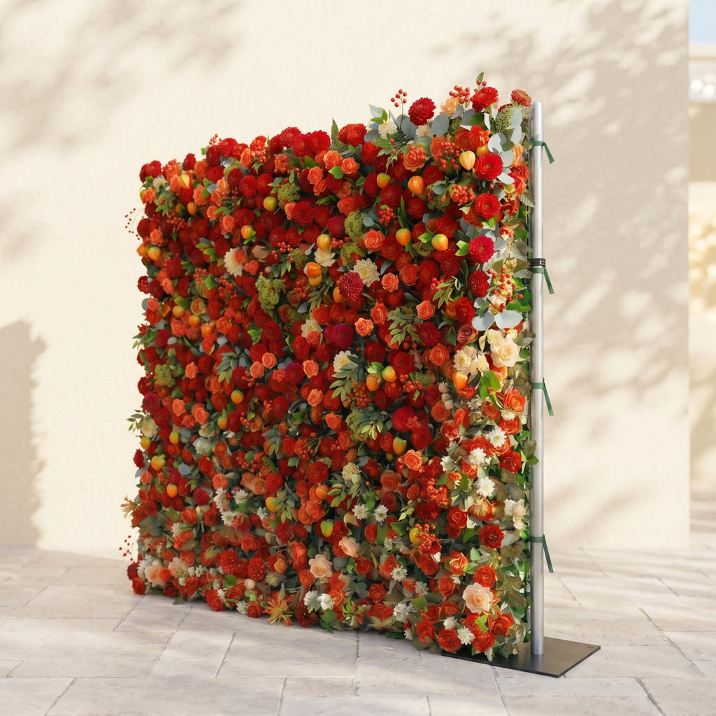 Novara: Luxury 5D Crimson Red & Vibrant Orange Silk Floral Wall Backdrop with Berry Accents for Autumn Weddings Free Shipping