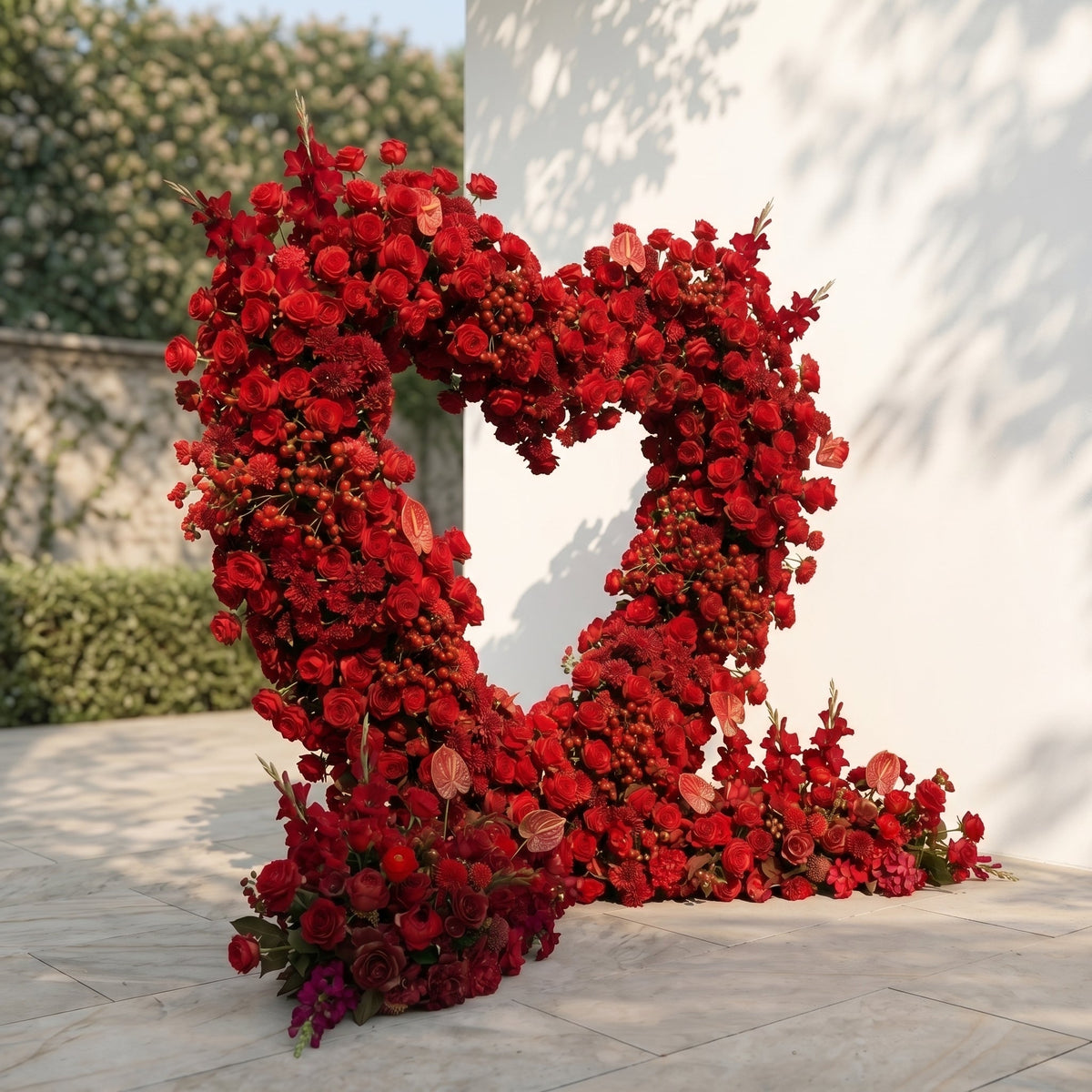 Novira: Heart-Shaped Red Floral Silk Flower Arch Floral Arrangement for Boho Weddings