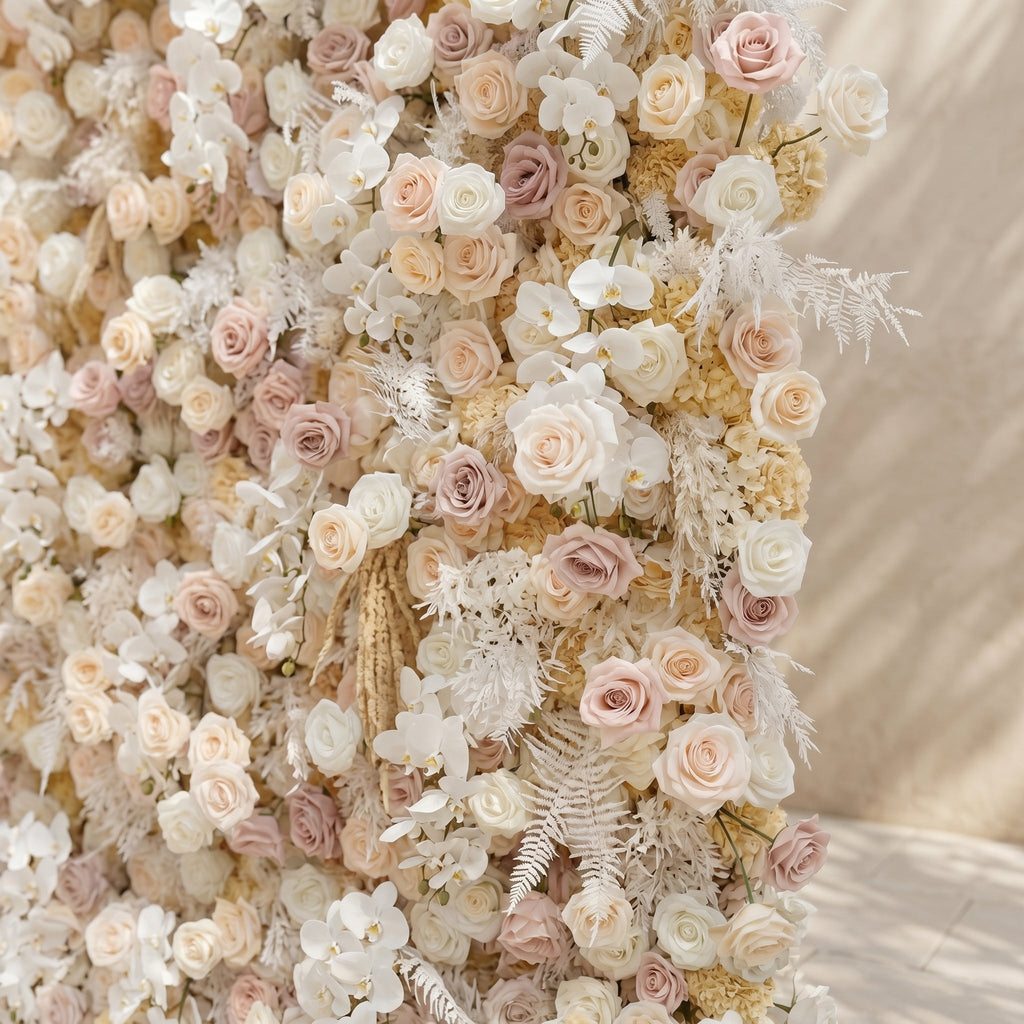 Novmora:5D Neutral Warm Cream Peach & Blush Pink Silk Rose Flower Wall Roll-Up Fabric Backdrop for Romantic Weddings & Proposals Free Shipping