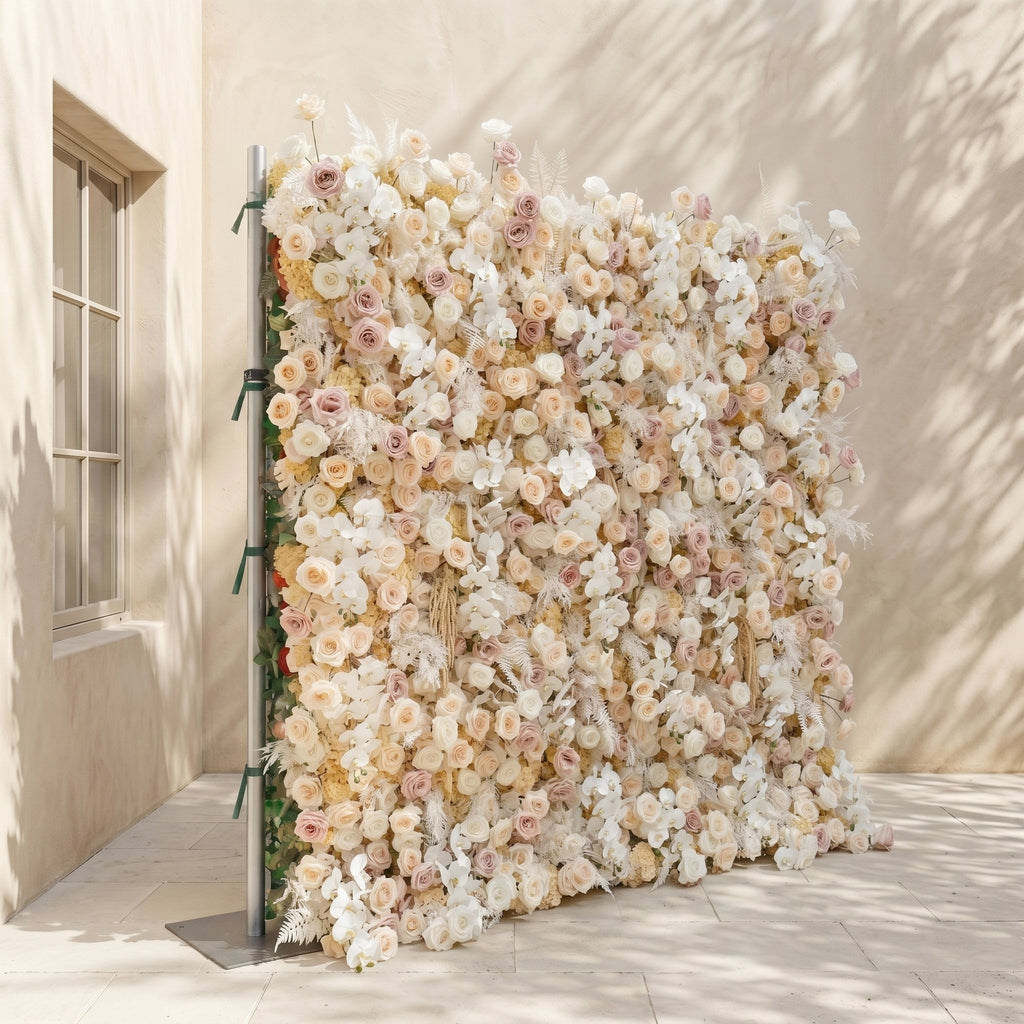 Novmora:5D Neutral Warm Cream Peach & Blush Pink Silk Rose Flower Wall Roll-Up Fabric Backdrop for Romantic Weddings & Proposals Free Shipping