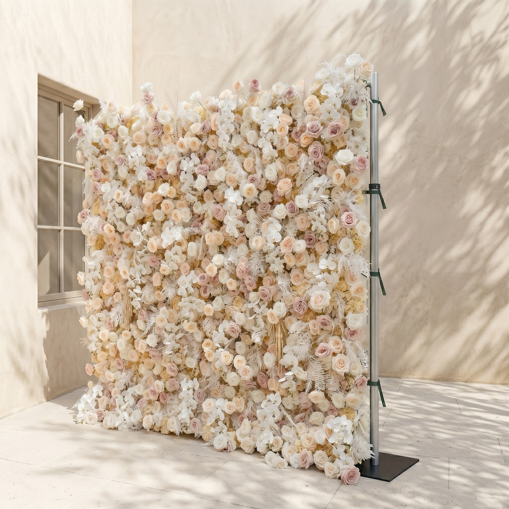 Novmora:5D Neutral Warm Cream Peach & Blush Pink Silk Rose Flower Wall Roll-Up Fabric Backdrop for Romantic Weddings & Proposals Free Shipping