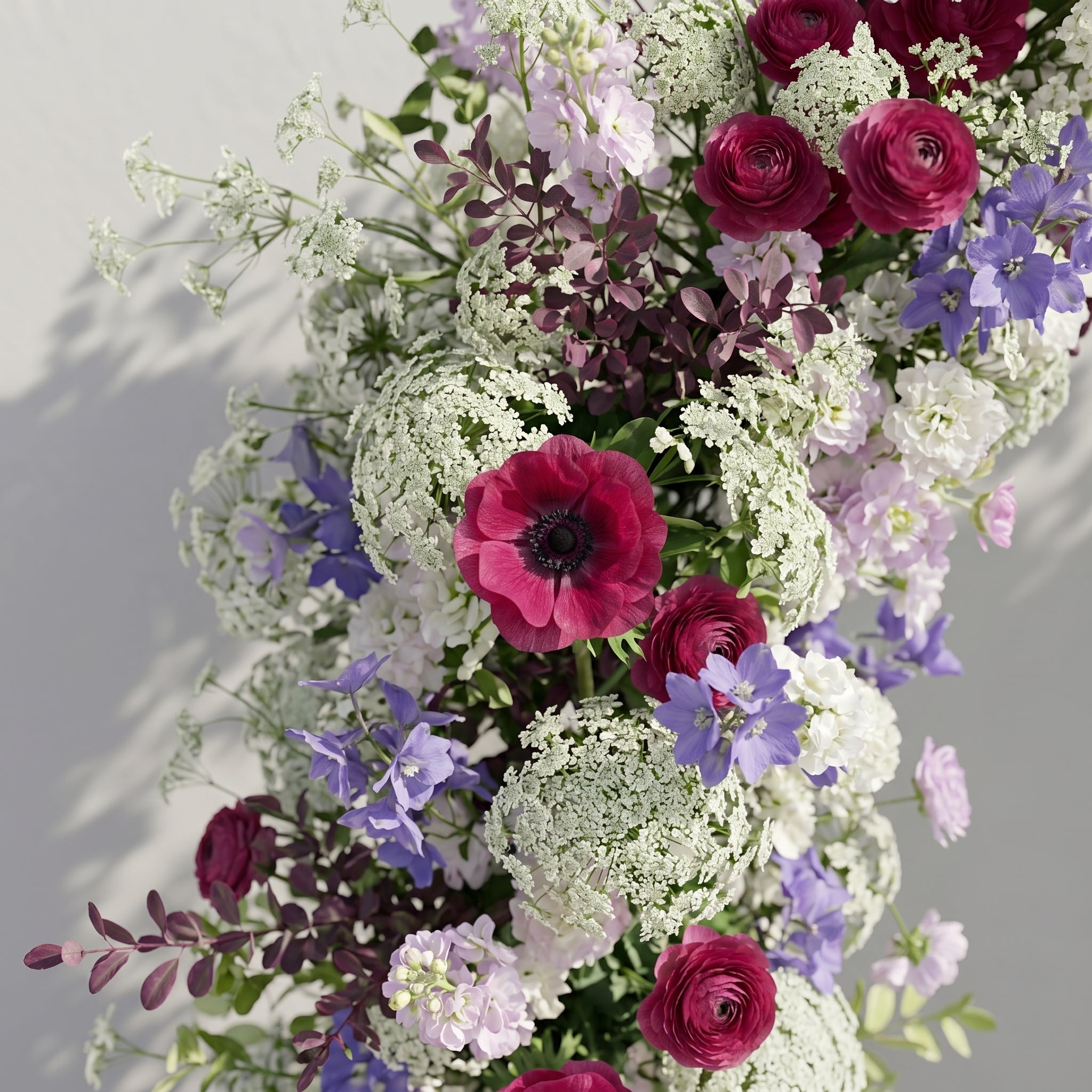 Novyra: Luxury Burgundy Red, Lavender Purple & Ivory White Silk Floral Ground Horn Arch Arrangement with Soft Queen Anne's Lace & Lush Cascading Greenery for Romantic Minimalist Weddings & Garden Event Decor Including Frame