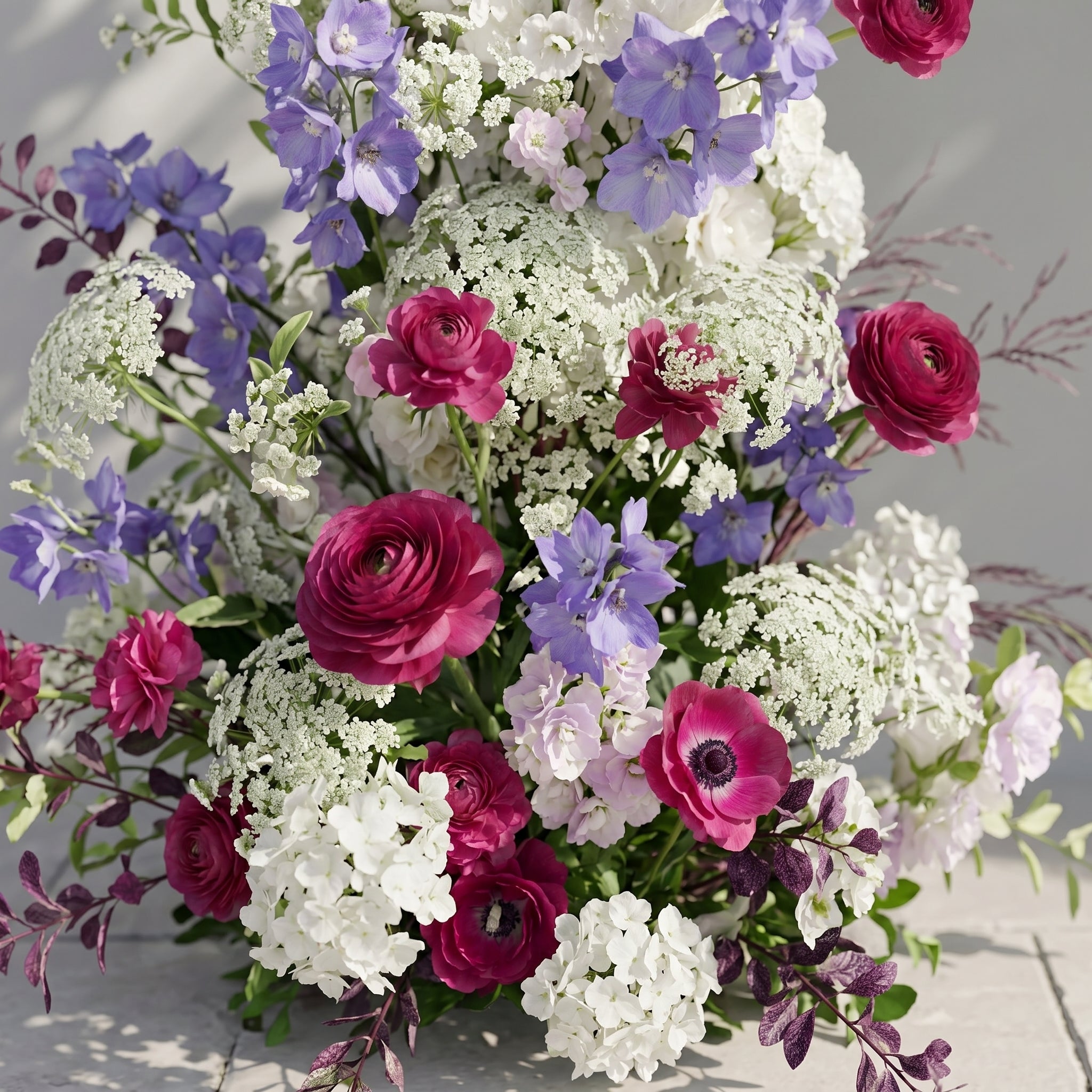 Novyra: Luxury Burgundy Red, Lavender Purple & Ivory White Silk Floral Ground Horn Arch Arrangement with Soft Queen Anne's Lace & Lush Cascading Greenery for Romantic Minimalist Weddings & Garden Event Decor Including Frame