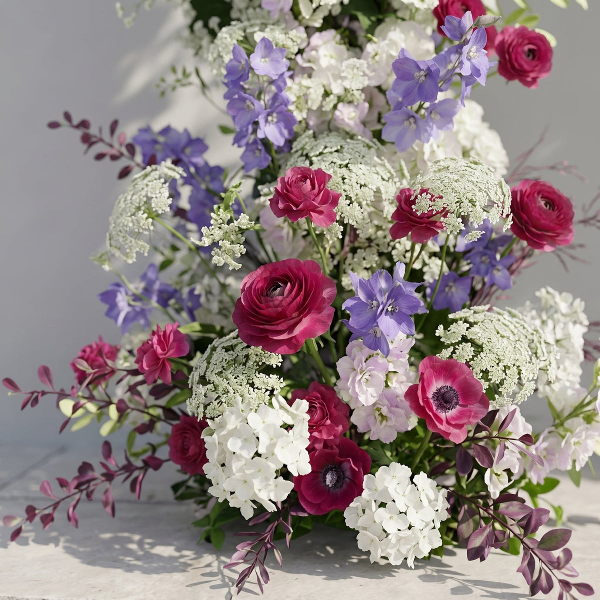Novyra: Luxury Burgundy Red, Lavender Purple & Ivory White Silk Floral Ground Horn Arch Arrangement with Soft Queen Anne's Lace & Lush Cascading Greenery for Romantic Minimalist Weddings & Garden Event Decor Including Frame