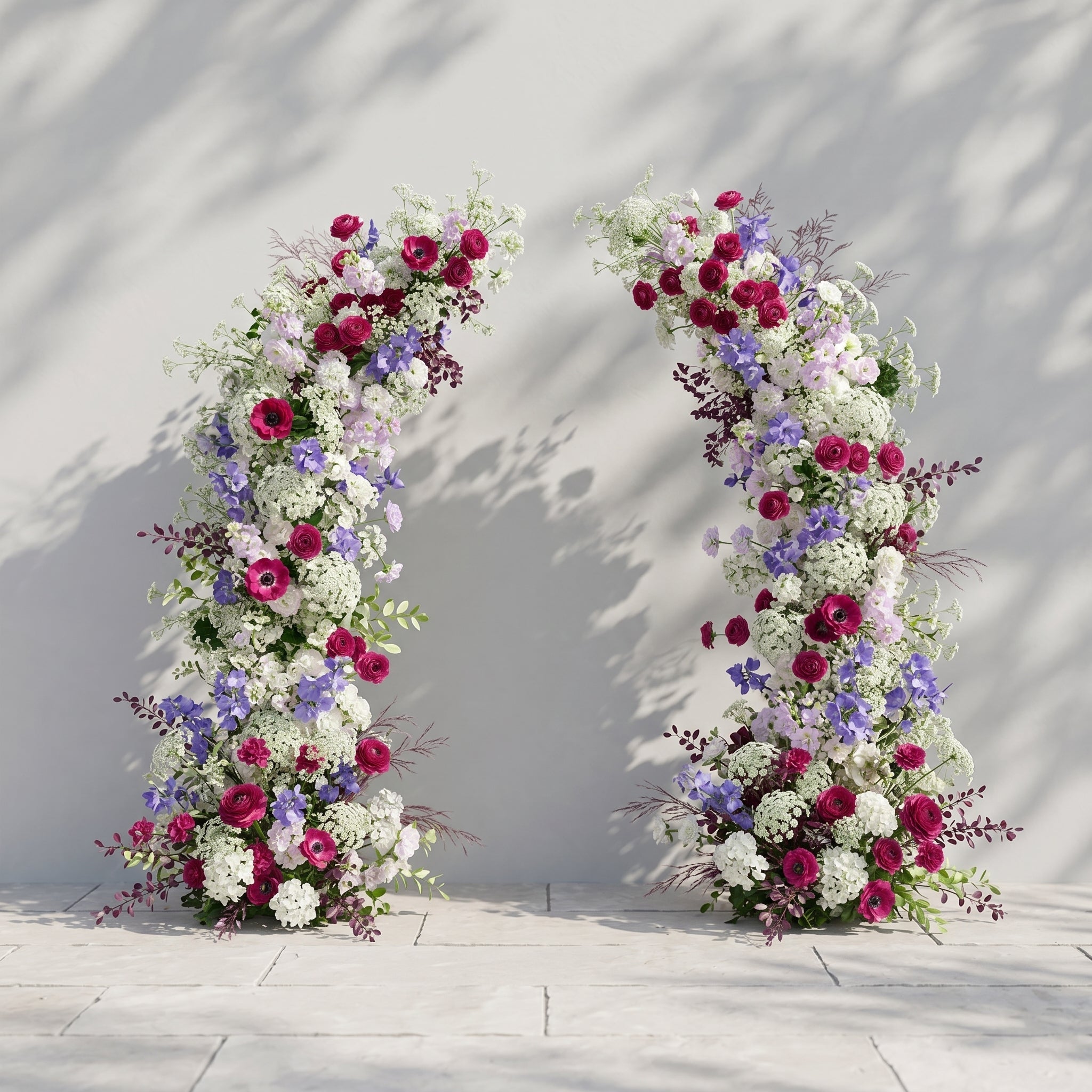 Novyra: Luxury Burgundy Red, Lavender Purple & Ivory White Silk Floral Ground Horn Arch Arrangement with Soft Queen Anne's Lace & Lush Cascading Greenery for Romantic Minimalist Weddings & Garden Event Decor Including Frame
