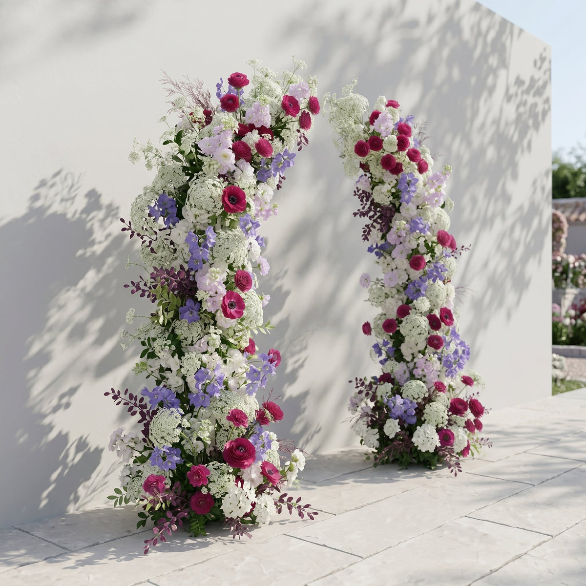 Novyra: Luxury Burgundy Red, Lavender Purple & Ivory White Silk Floral Ground Horn Arch Arrangement with Soft Queen Anne's Lace & Lush Cascading Greenery for Romantic Minimalist Weddings & Garden Event Decor Including Frame