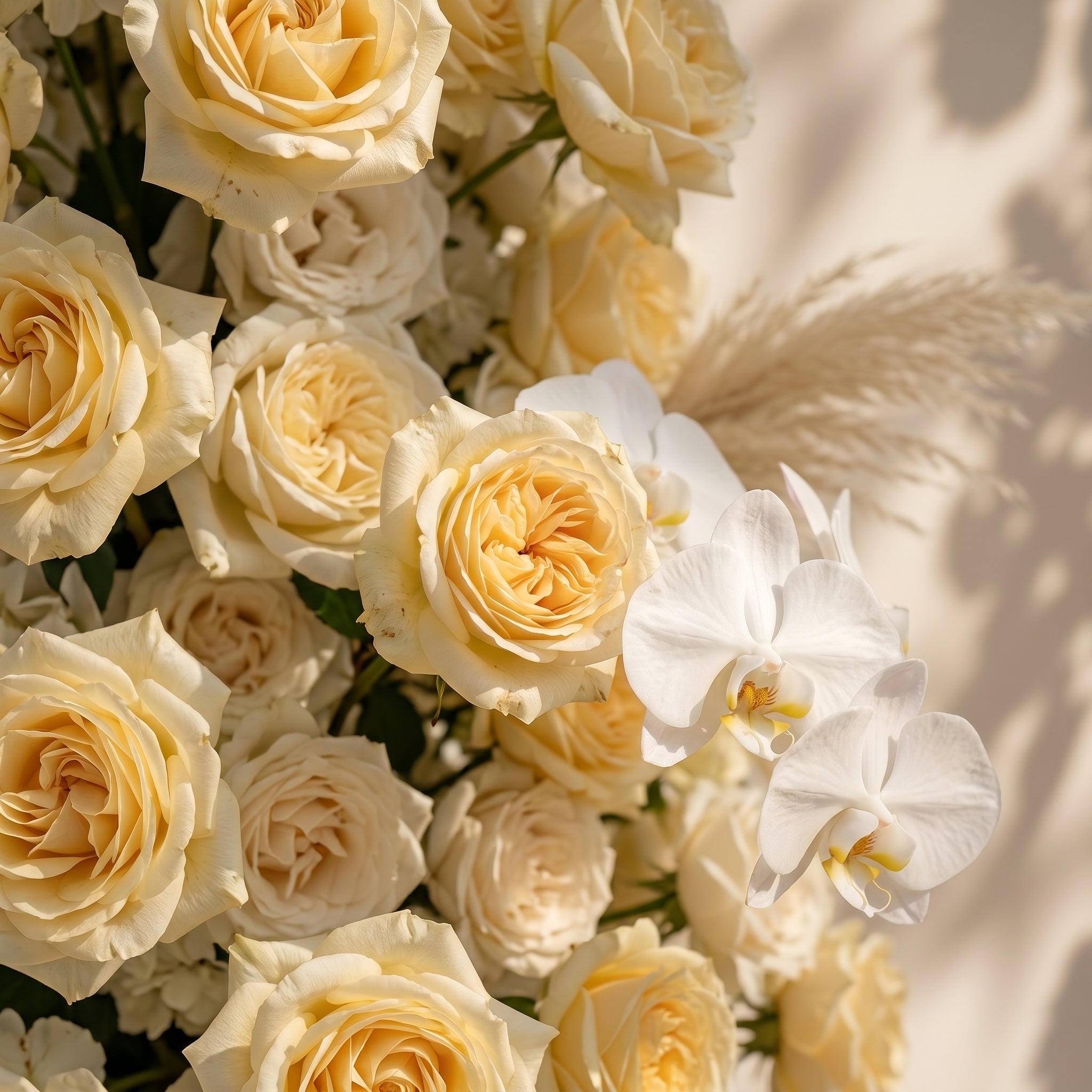 Orelrose: Luxury Soft Yellow Cream, Pure White & Ivory Silk Floral Ground Horn Arch Arrangement with Soft Pampas Grass & Lush Cascading Greenery for Romantic Minimalist Weddings & Garden Event Decor Including Frame