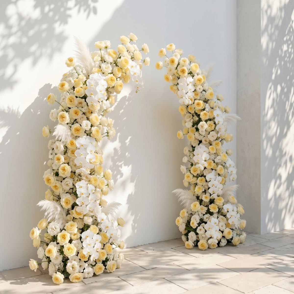 Orelrose: Luxury Soft Yellow Cream, Pure White & Ivory Silk Floral Ground Horn Arch Arrangement with Soft Pampas Grass & Lush Cascading Greenery for Romantic Minimalist Weddings & Garden Event Decor Including Frame