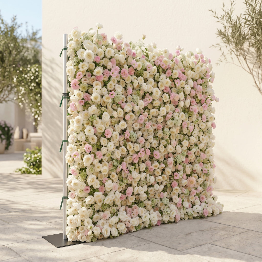 Pearlnora: Luxury 5D Pearl White & Blush Pink Silk Floral Wall Roll-Up Backdrop for Elegant Minimalist Weddings Free Shipping