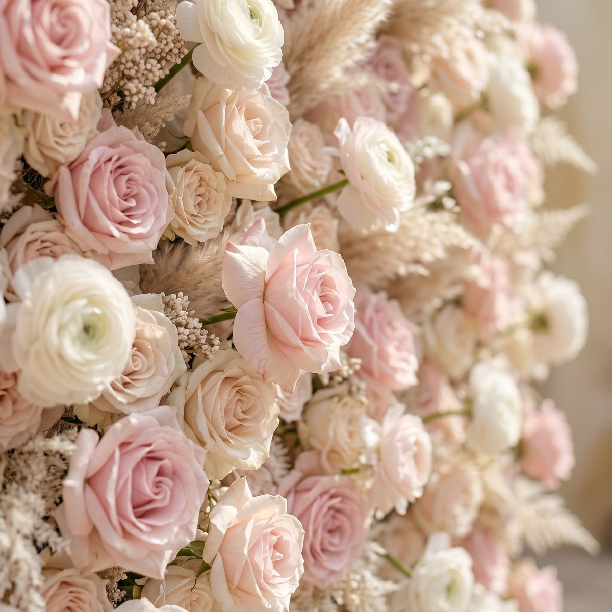 Valsora:5D Gradient Warm Blush Pink & Ivory White Silk Rose Flower Wall Roll-Up Fabric Backdrop for Romantic Weddings & Proposals Free Shipping