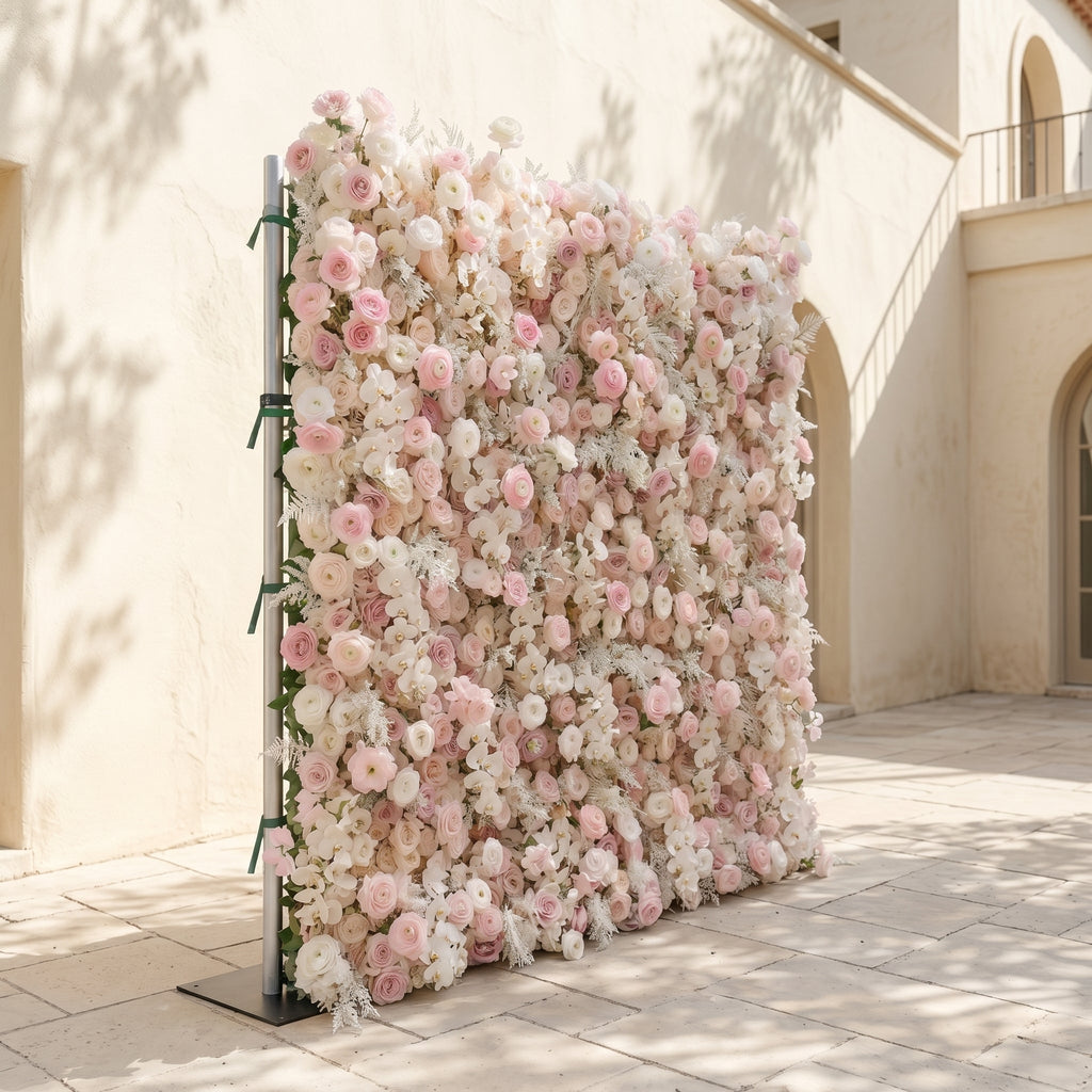 Valsora:5D Gradient Warm Blush Pink & Ivory White Silk Rose Flower Wall Roll-Up Fabric Backdrop for Romantic Weddings & Proposals Free Shipping