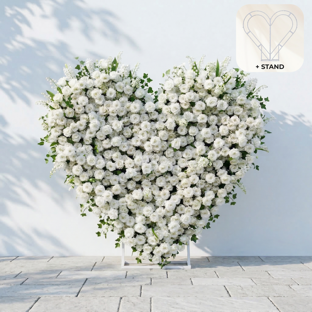 Petalya: 3D White Silk Rose Heart Floral Backdrop Decor for Proposal & Anniversary Backdrop Free Shipping
