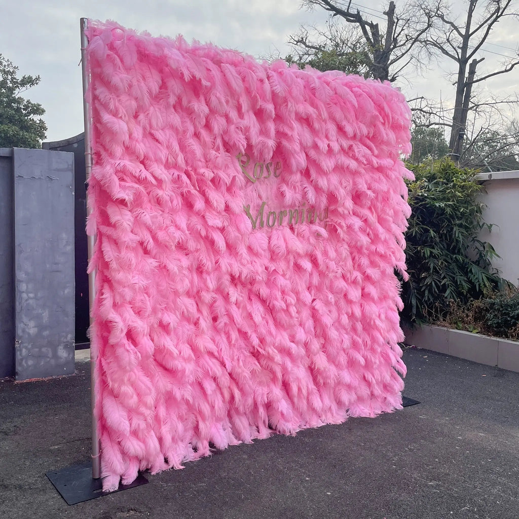 Pink Feather：5D Fabric Artificial rolling up curtain flower wall Free Shipping