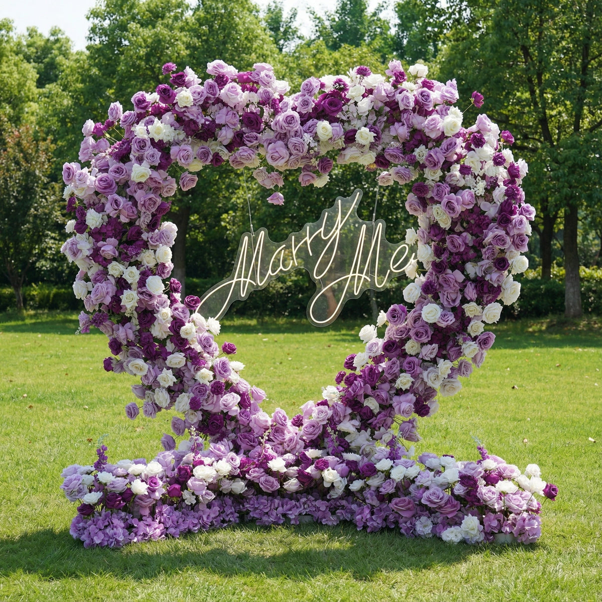 Heart-Shaped Purple & White Floral Arch with Optional Marry Me LED Sign | VA-367