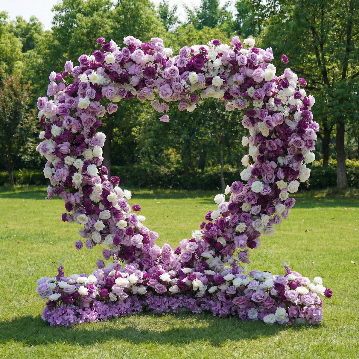 Heart-Shaped Purple & White Floral Arch with Optional Marry Me LED Sign | VA-367