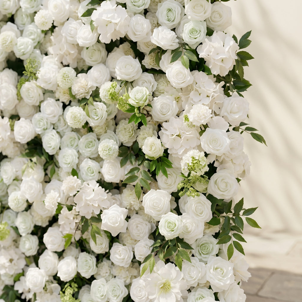 Raellyra:5D Soft Green & Ivory White Silk Rose Flower Wall Roll-Up Fabric Backdrop for Romantic Weddings & Proposals Free Shipping