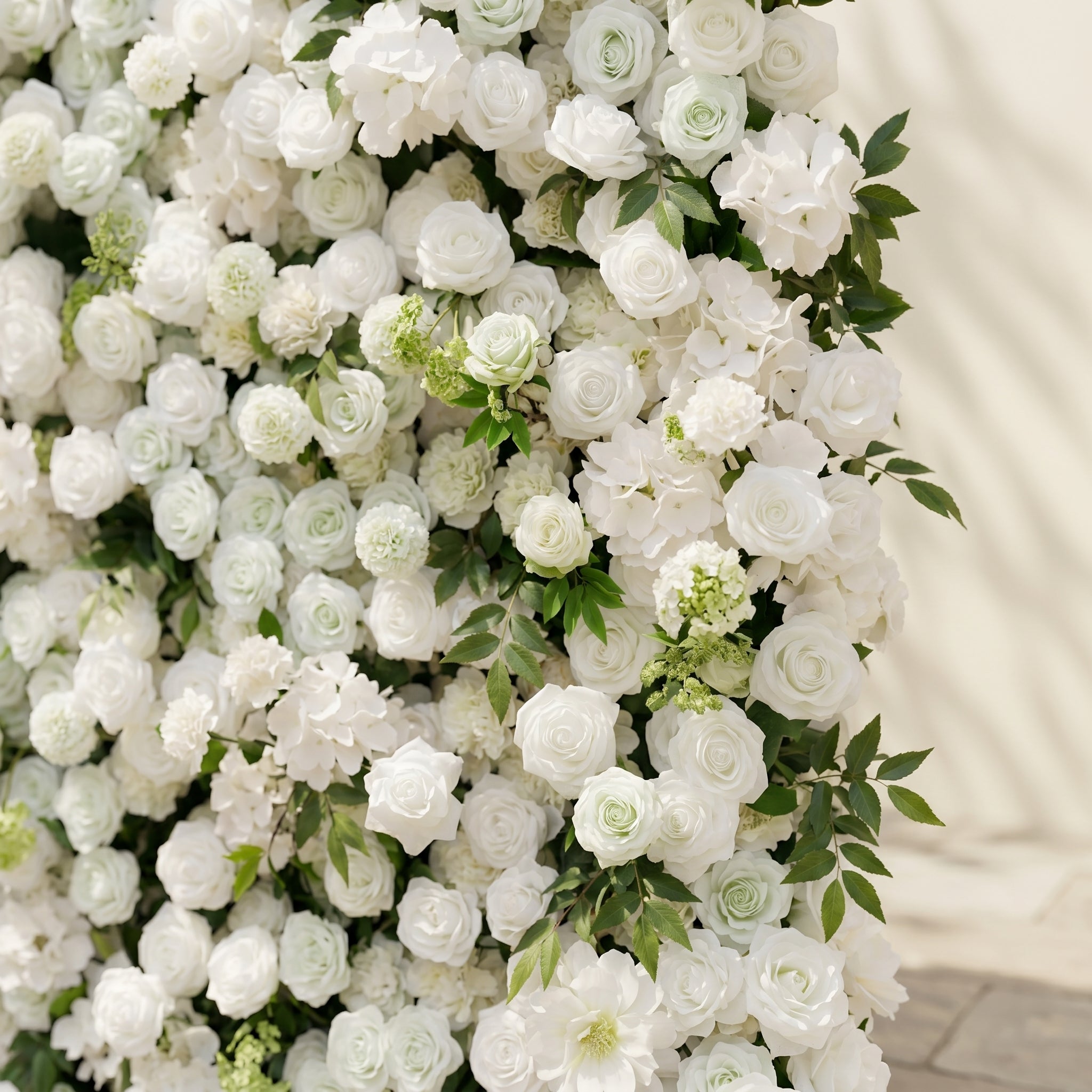 Raellyra:5D Soft Green & Ivory White Silk Rose Flower Wall Roll-Up Fabric Backdrop for Romantic Weddings & Proposals Free Shipping