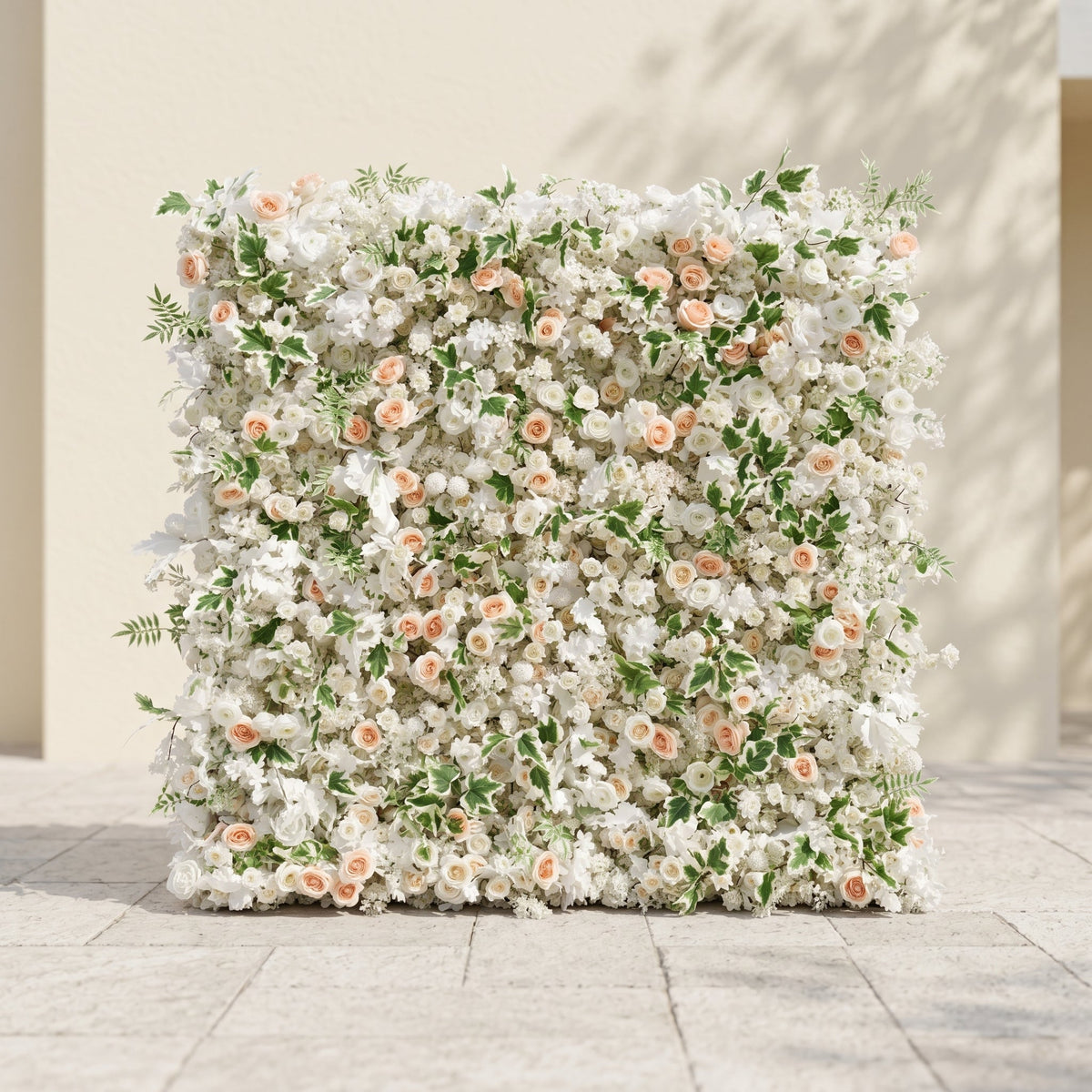 Ralyra:Luxury 5D White&Champagne roses Flower wall with Greenery for Wedding&Event Decor ralyra front