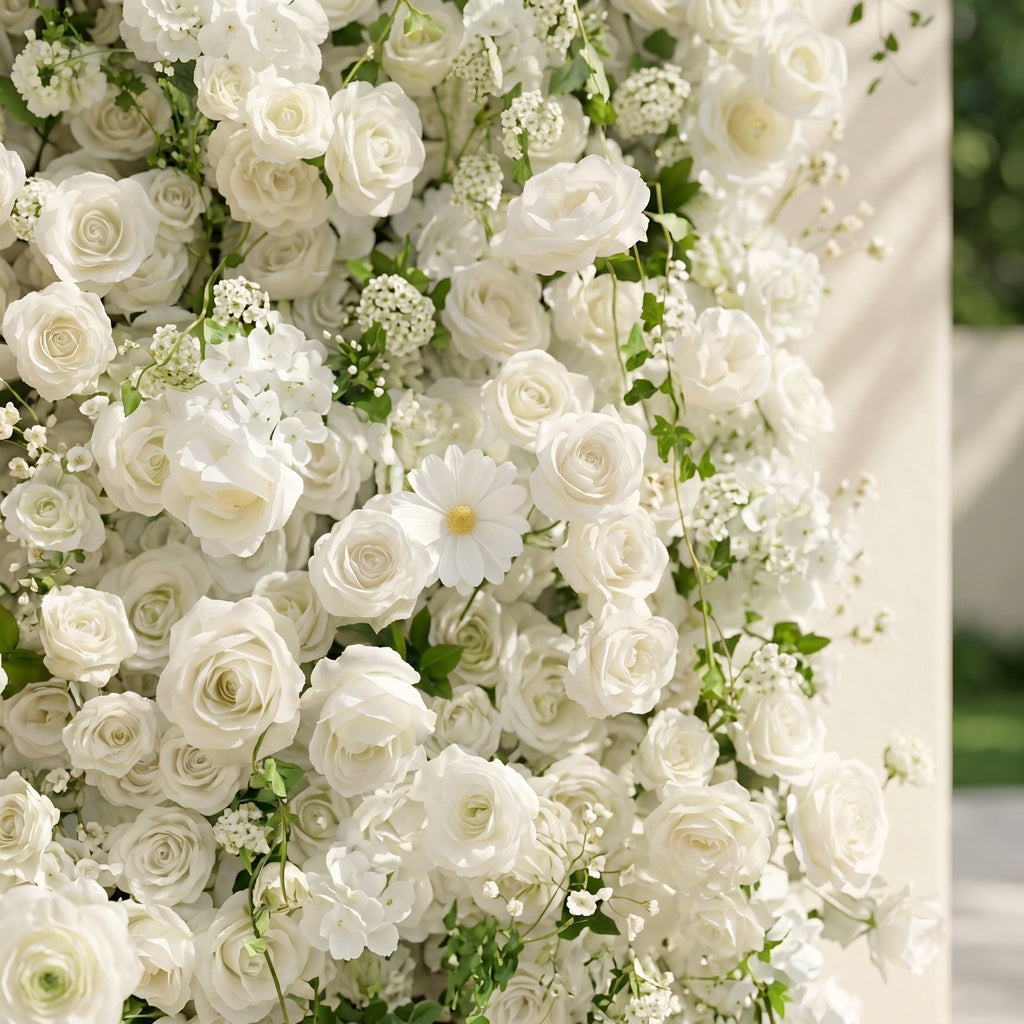 Rosiva:Luxury 5D All-White Floral Wall with Greenery Roll-Up Backdrop for Rustic Garden Weddings Free Shipping