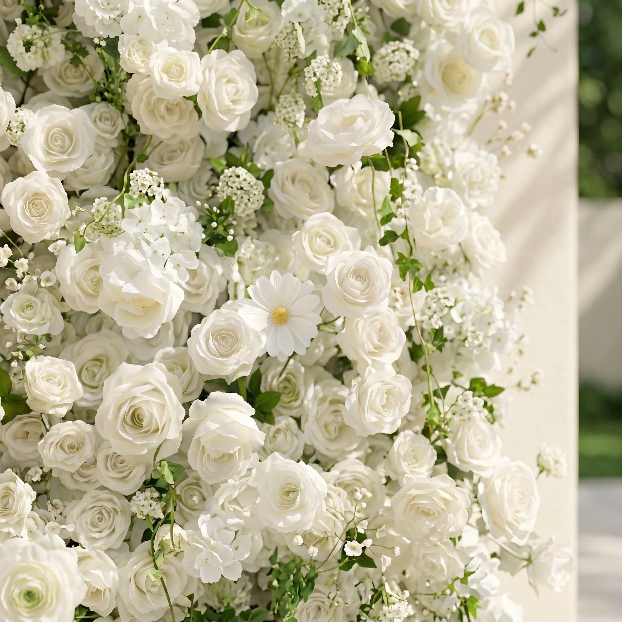 Rosiva:Luxury 5D All-White Floral Wall with Greenery Roll-Up Backdrop for Rustic Garden Weddings Free Shipping
