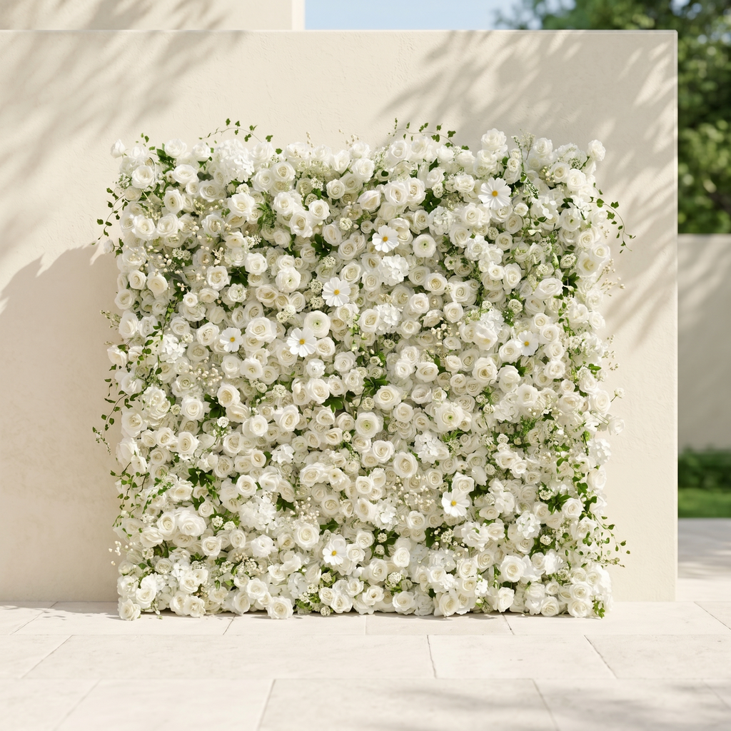 Rosiva:Luxury 5D All-White Floral Wall with Greenery Roll-Up Backdrop for Rustic Garden Weddings Free Shipping