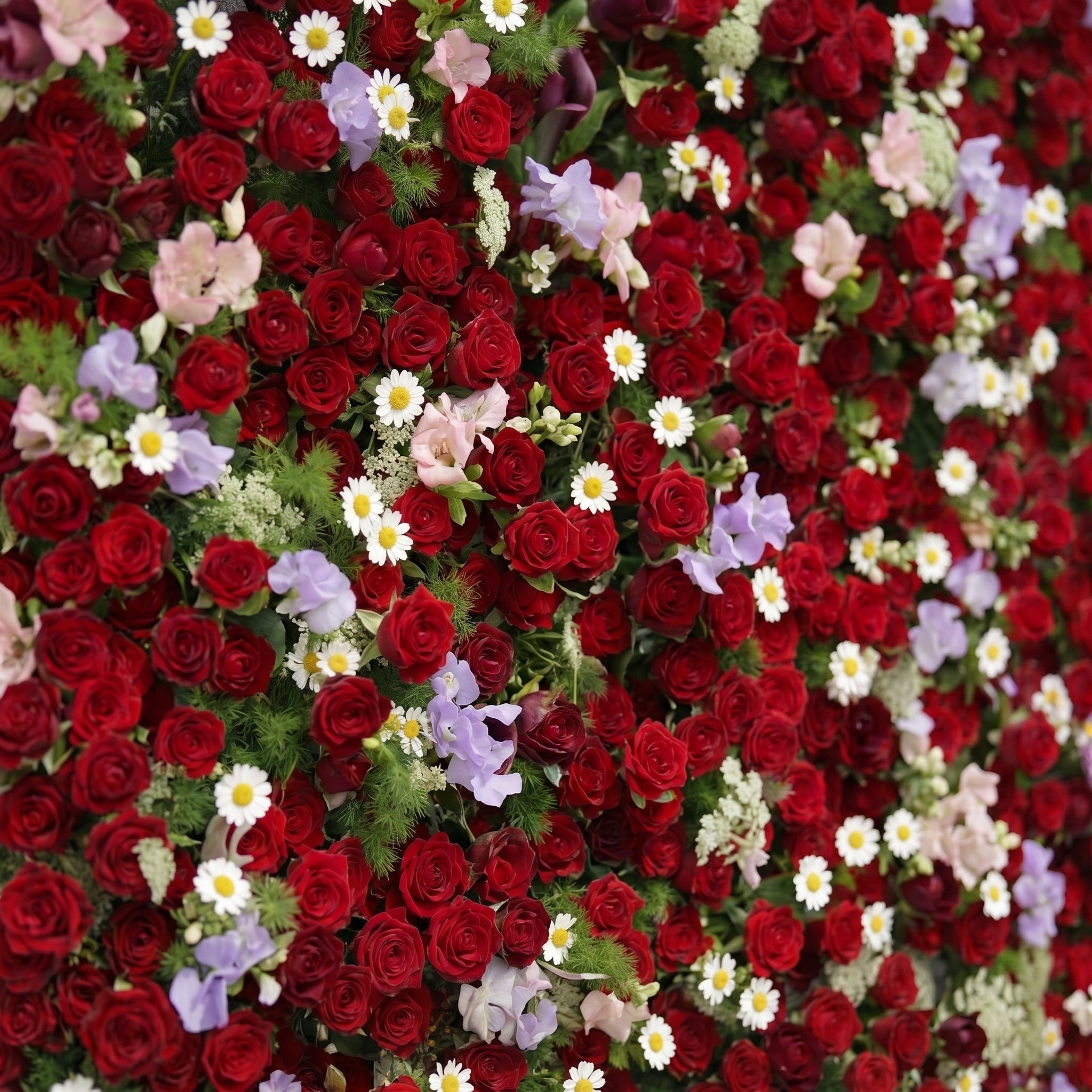 Sabbelle: Luxury 4D Ruby Red Rose Silk Floral Wall Backdrop with White Daisy & Lavender Accents for Romantic Weddings Free Shipping
