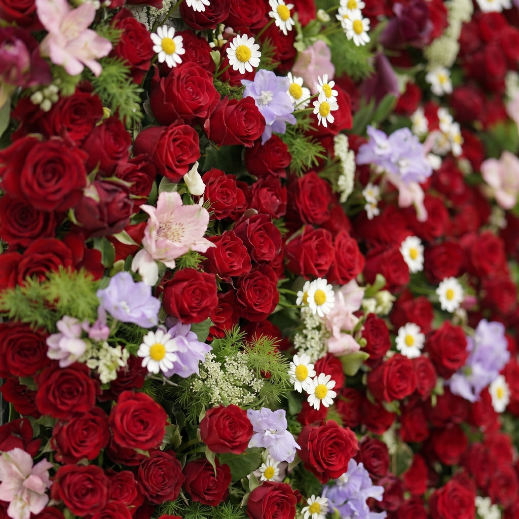 Sabbelle: Luxury 4D Ruby Red Rose Silk Floral Wall Backdrop with White Daisy & Lavender Accents for Romantic Weddings Free Shipping