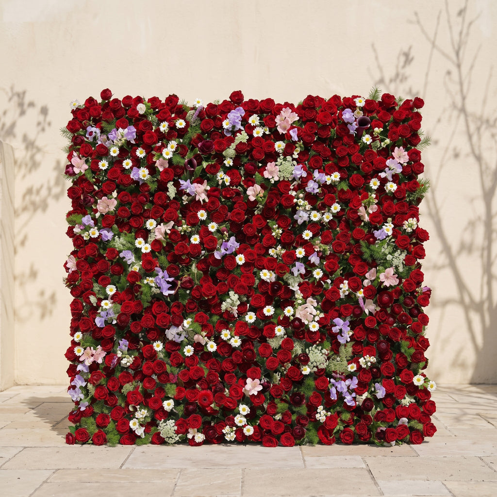 Sabbelle: Luxury 4D Ruby Red Rose Silk Floral Wall Backdrop with White Daisy & Lavender Accents for Romantic Weddings Free Shipping