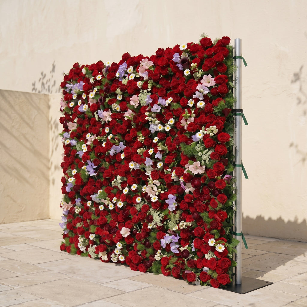 Sabbelle: Luxury 4D Ruby Red Rose Silk Floral Wall Backdrop with White Daisy & Lavender Accents for Romantic Weddings Free Shipping