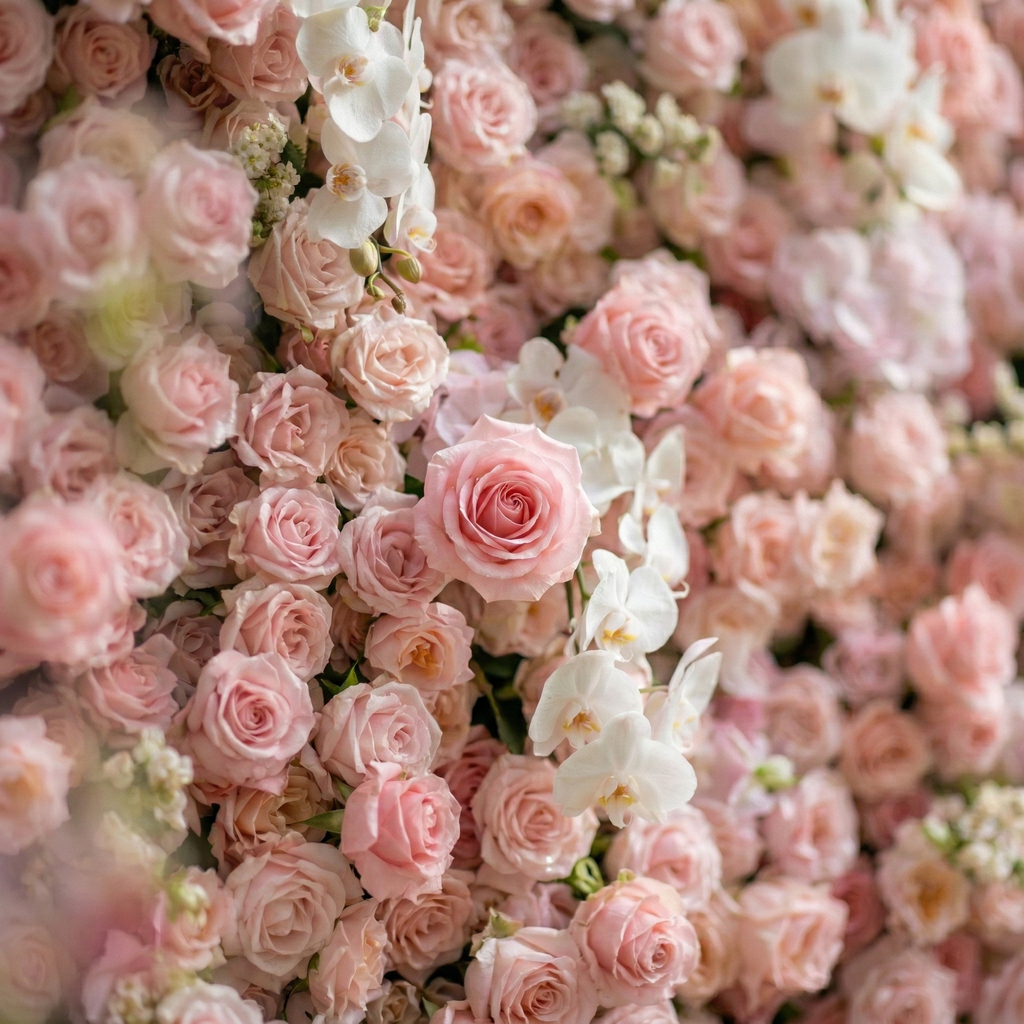 Sabine: 5D Blush Pink Silk Rose Flower Wall with White Orchid for Elegant Weddings & Ballroom Receptions Free Shipping