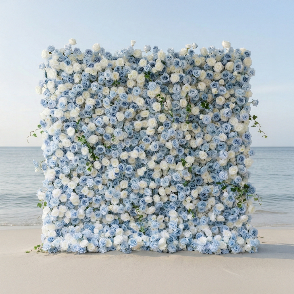 Sapphira: Luxury 5D Serene Blue & Cream Silk Floral Wall Roll-Up Fabric Backdrop for Seaside Weddings & Events Free Shipping
