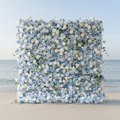 Sapphira: Luxury 5D Serene Blue & Cream Silk Floral Wall Roll-Up Fabric Backdrop for Seaside Weddings & Events Free Shipping