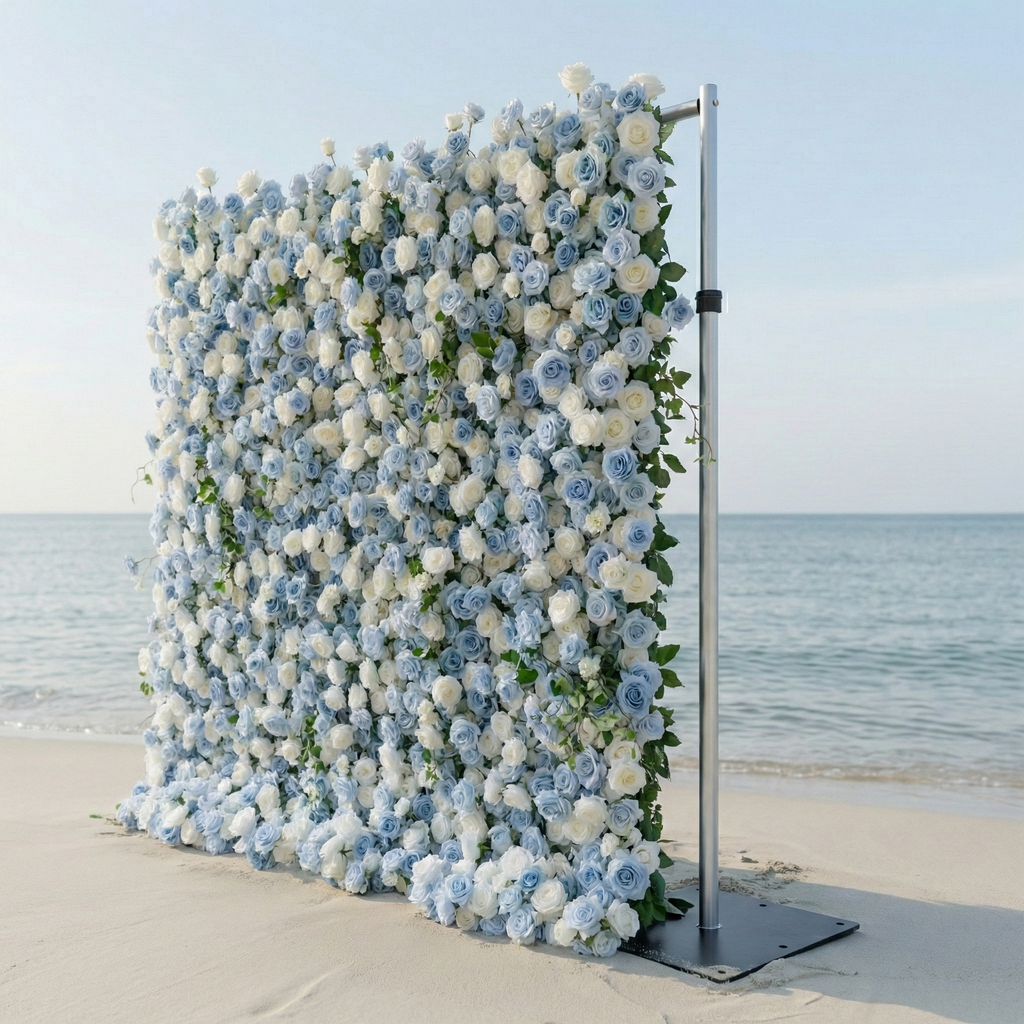 Sapphira: Luxury 5D Serene Blue & Cream Silk Floral Wall Roll-Up Fabric Backdrop for Seaside Weddings & Events Free Shipping