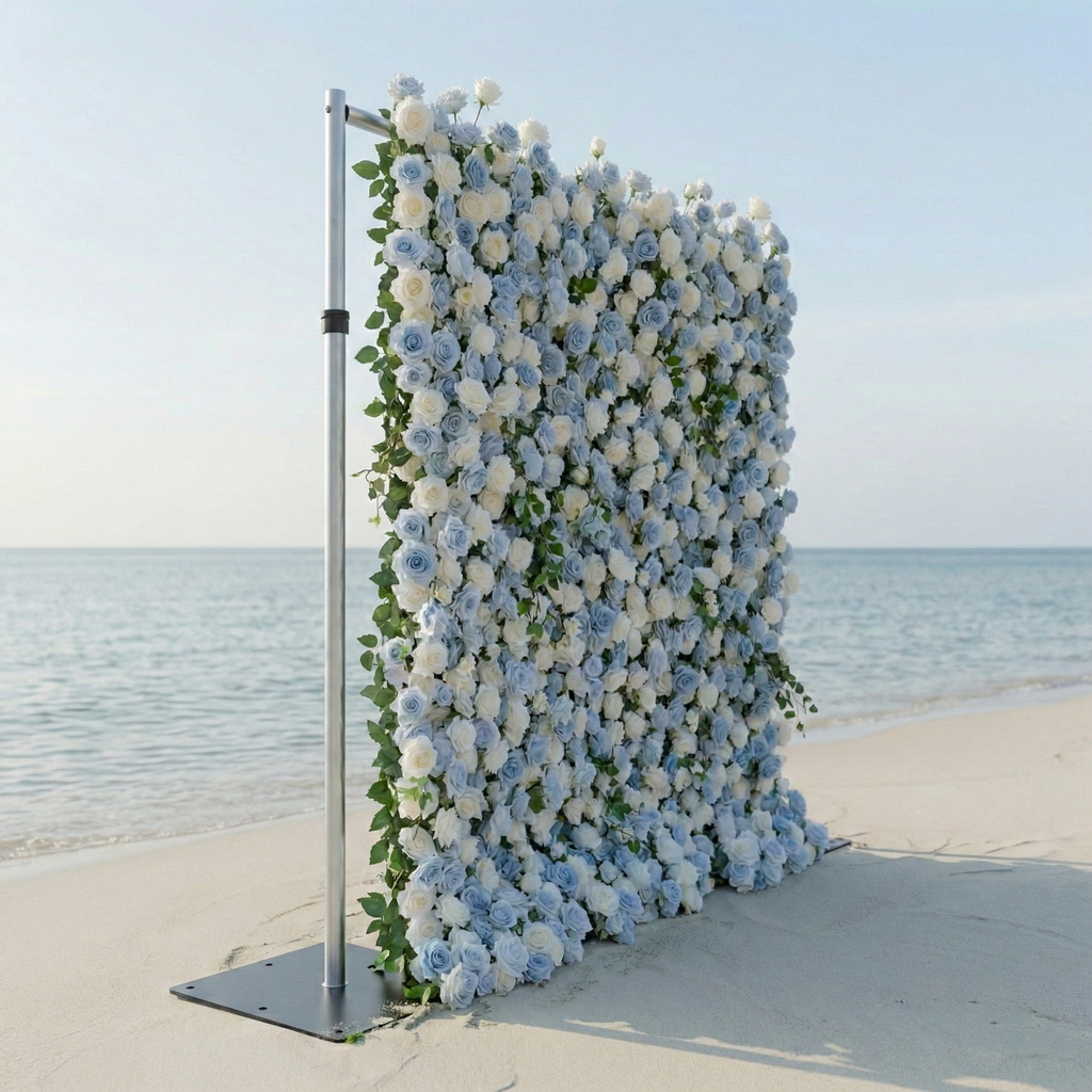 Sapphira: Luxury 5D Serene Blue & Cream Silk Floral Wall Roll-Up Fabric Backdrop for Seaside Weddings & Events Free Shipping